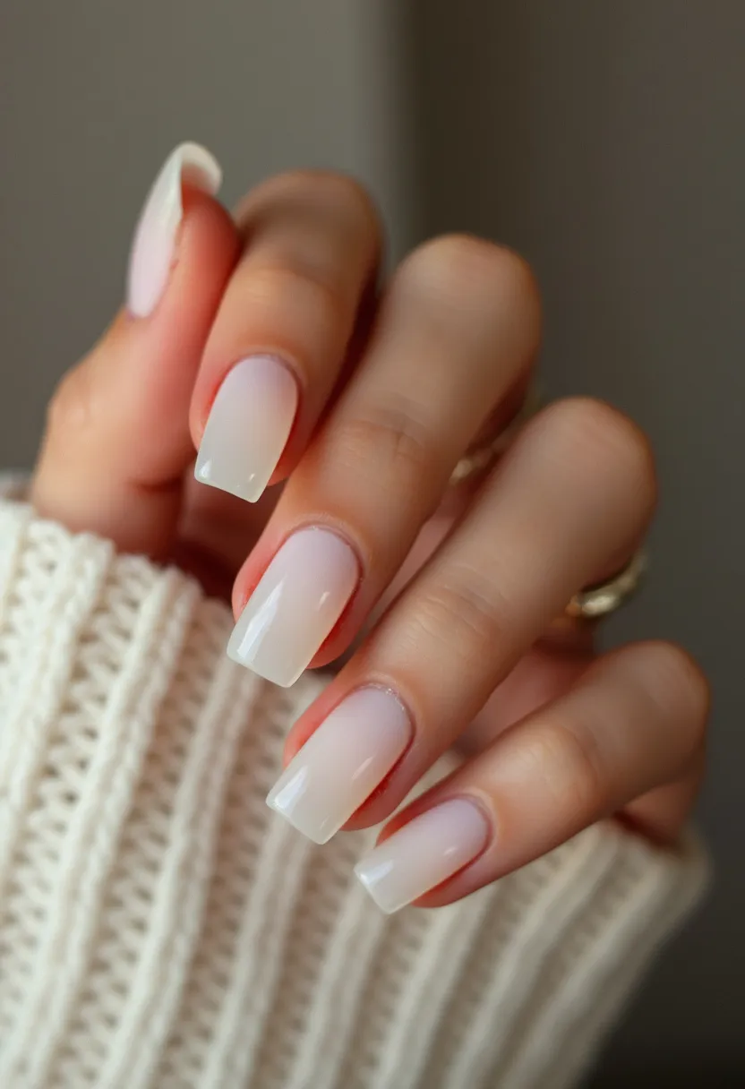 The nail design features a soft gradient effect with a color palette that transitions from a creamy white at the tips to a barely-there pink near the cuticles. The nails are shaped into a modern and trendy square form with sharp, clean edges. This design is most likely achieved using a gel or acrylic treatment, ensuring a smooth, glossy finish that enhances the ombre effect. There are no additional intricate patterns or decorations, making the design elegantly simple and versatile for any occasion. This nail design would be fitting for various seasonal themes, particularly for spring or winter, due to its clean and minimalist aesthetic.