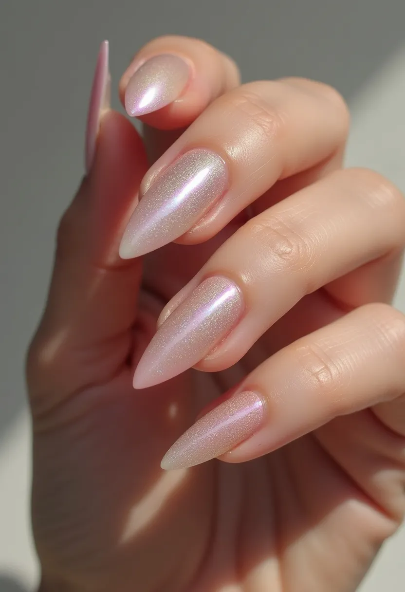 The nail design showcases a sophisticated and elegant appearance with almond-shaped nails. The color palette features a soft, pearlescent finish that exudes a subtle iridescence, predominantly highlighting soft pink and lavender hues. This design likely utilizes a gel nail treatment, offering a glossy and durable finish. The nails exhibit a smooth, even coating without any intricate patterns or additional decorations, making them versatile and suitable for both special occasions and everyday wear. The sheen and soft color palette suggest a timeless and chic style, ideal for those seeking a refined yet eye-catching nail design.