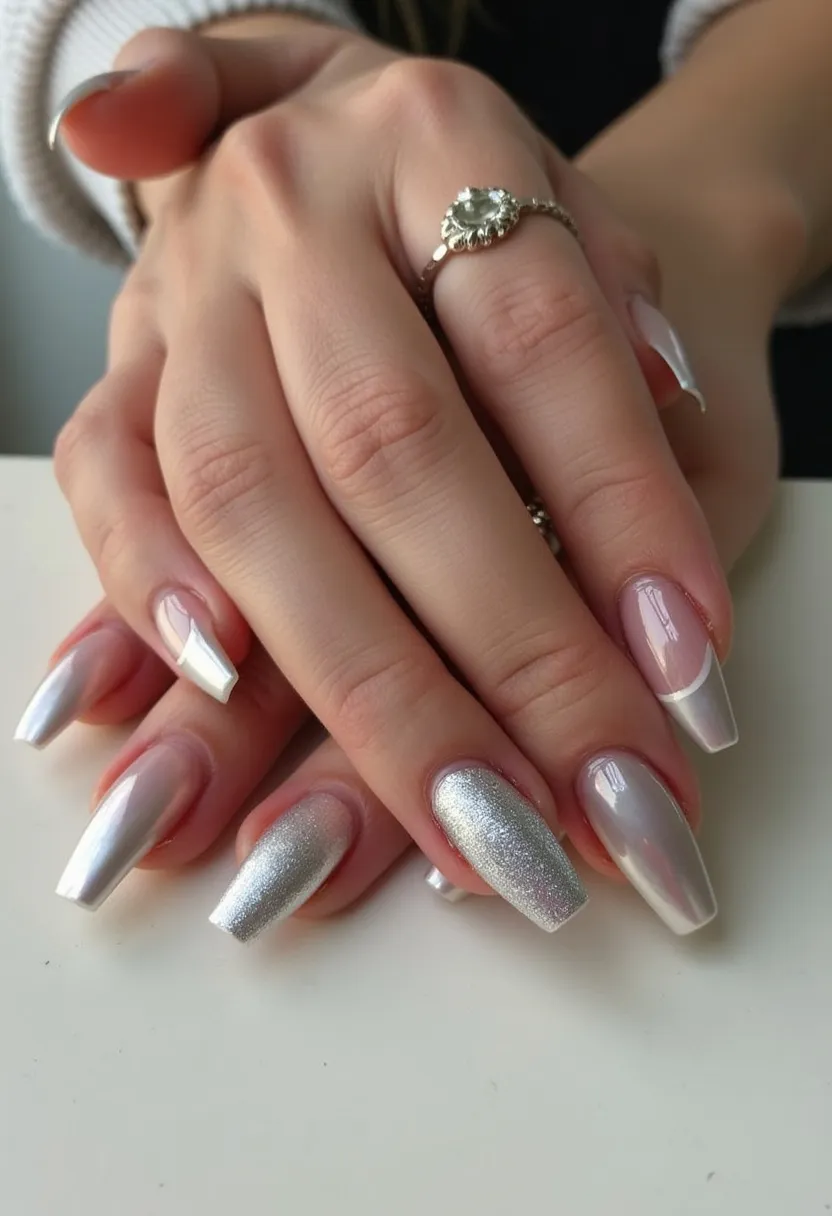 The nail design features a sophisticated color palette dominated by metallic and holographic silvers. The nails are long and shaped into a tapered square form, creating an elegant and elongated appearance. Most nails are treated with a stylish gradient effect that starts with a translucent hue at the base and transitions into a shiny silver tip accentuated with a distinct white line for added dimension. Additionally, one nail on each hand displays a full-coverage silver glitter, providing a contrasting yet harmonious sparkle. The nail treatment appears to be gel, known for its glossy finish and durability. This design exudes a festive vibe, making it suitable for occasions like celebrations or winter holidays, where glitz and glamour are often preferred.