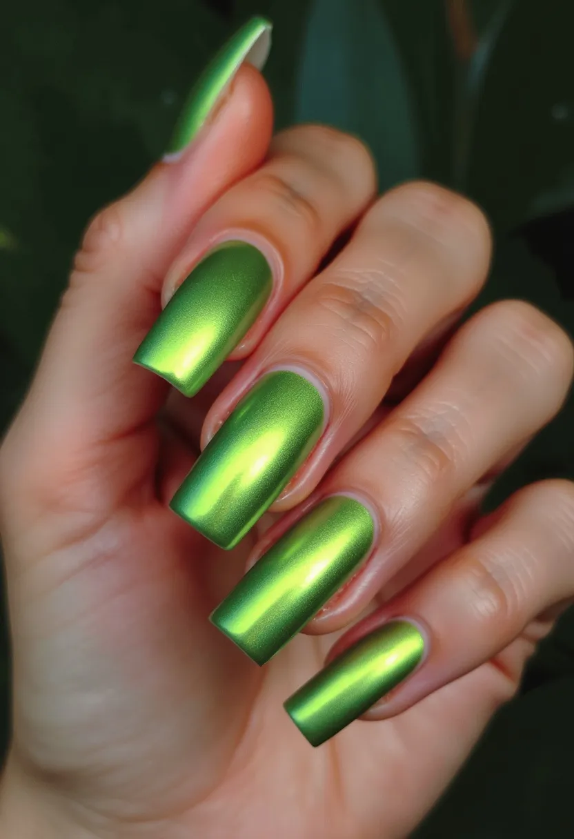 The nail design features a vibrant, metallic green color palette that catches the light with a reflective sheen, creating a bold and eye-catching look. The nails are shaped into a long, squared-off style, providing a modern and chic appearance. This particular finish suggests a possible gel or shellac treatment, given its smooth and glossy texture that is typical of these types of nail treatments. The design is minimalistic, focusing solely on the vivid, iridescent green without any additional intricate patterns or decorations. This nail design could be suitable for various occasions, adding a pop of color and elegance, and might be especially fitting for festive or seasonal themes like spring or summer with its bright and lively hue.