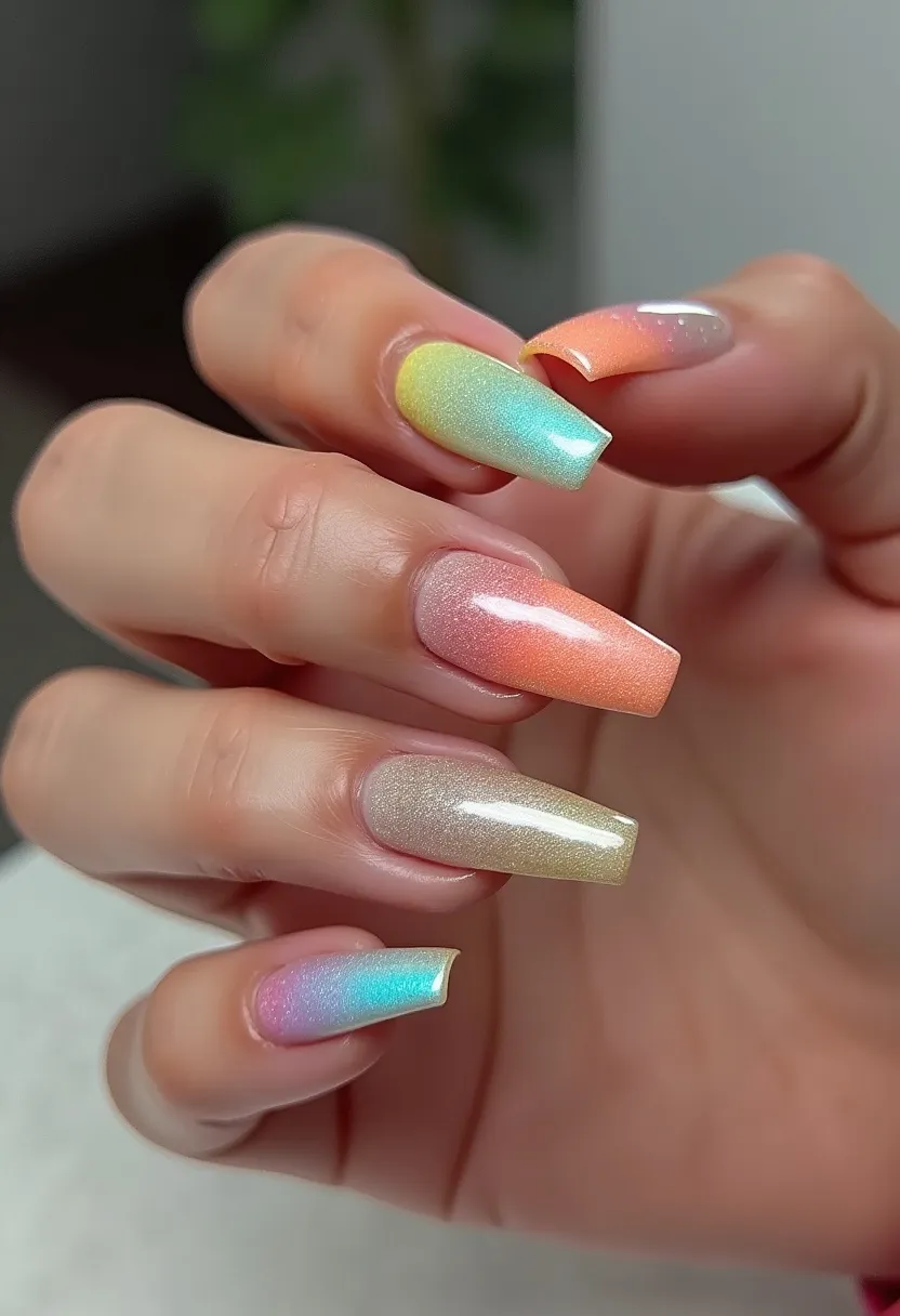 The nail design features a beautiful pastel color palette, incorporating shades of yellow, green, blue, pink, purple, beige, and coral, all with a subtle shimmer finish. The nails are shaped in a stylish coffin (or ballerina) style, providing an elegant and modern look. The intricate patterns include a smooth gradient blending from one color to another which gives a soft and appealing transition between the shades. The nail treatment appears to be gel, as indicated by the glossy and durable finish, which is ideal for maintaining the vibrancy and longevity of the design. The overall look has a spring or summer seasonal theme, perfect for a fresh and lively appearance.