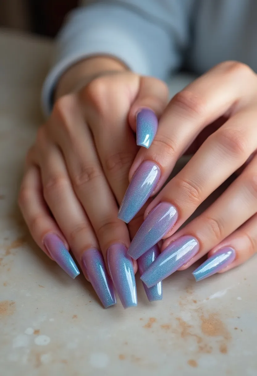 The nails in the image feature a gradient design that transitions seamlessly from a lavender purple at the base to a light iridescent blue at the tips. The nails are long and shaped into a tapered square style, commonly known as coffin or ballerina shape. The finish is glossy, suggesting that a gel or shellac treatment was used to achieve the high shine and durability. This gradient design is accented with a subtle, shimmery effect, adding an extra touch of elegance. The color palette and iridescence give the nails a dreamy, ethereal quality, making them suitable for special occasions or a fashionable winter theme.