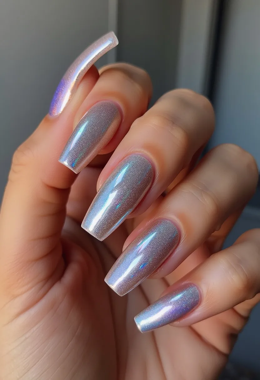 The nail design features a stunning iridescent color palette that shifts between shades of silver, lavender, and blue, creating a holographic effect. The nails are long with a coffin shape, providing a sleek and modern look. This seems to be a gel treatment, as indicated by the smooth and glossy finish. Each nail is uniformly painted with the holographic polish, providing a mesmerizing, shimmering effect that catches the light beautifully. This design is versatile and suitable for special occasions or adding a touch of glamour to everyday wear. The holographic finish might also suggest a fun, futuristic theme, making it ideal for parties or celebratory events.