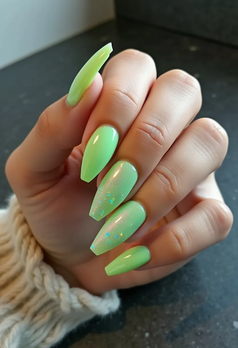 The nail design features a vibrant and fresh color palette, predominantly in shades of light green with a subtle iridescent sheen. The nails are long and shaped into sharp almonds, creating an elegant and elongated look. Several nails showcase a delicate holographic glitter effect, adding a touch of sparkle and dimension to the otherwise smooth and glossy finish. This manicure appears to be a gel treatment, given its high shine and durability. The design is perfect for the spring season, evoking images of fresh greenery and new beginnings, and would also be fitting for any special occasion requiring a fresh and chic appearance.