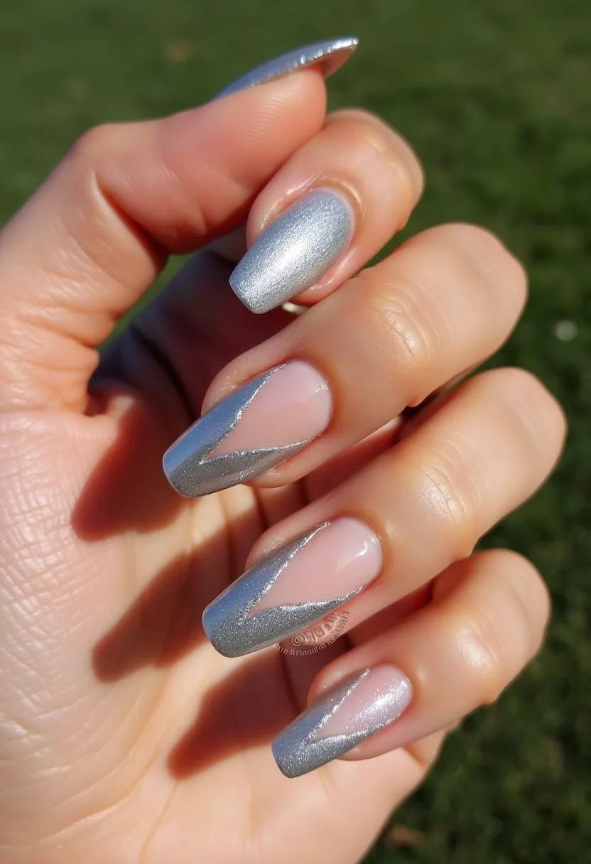 The nail design features a color palette dominated by metallic silver and natural nude tones. The nails are shaped in a tapered square or coffin style. Each nail is painted with a sheen of metallic silver, creating a sophisticated and modern look. The design includes intricate patterns with a geometric theme; specifically, a diagonal silver line that segments each nail, contrasting sharply with the natural nude base creating a stylish zigzag effect. This particular design appears to be achieved using a gel polish, given the smooth and glossy finish that is typical of gel nail applications. This nail art is versatile and could be suitable for various occasions, from everyday elegance to special events, highlighting the metallic trend that is often popular in festive or celebratory seasons.