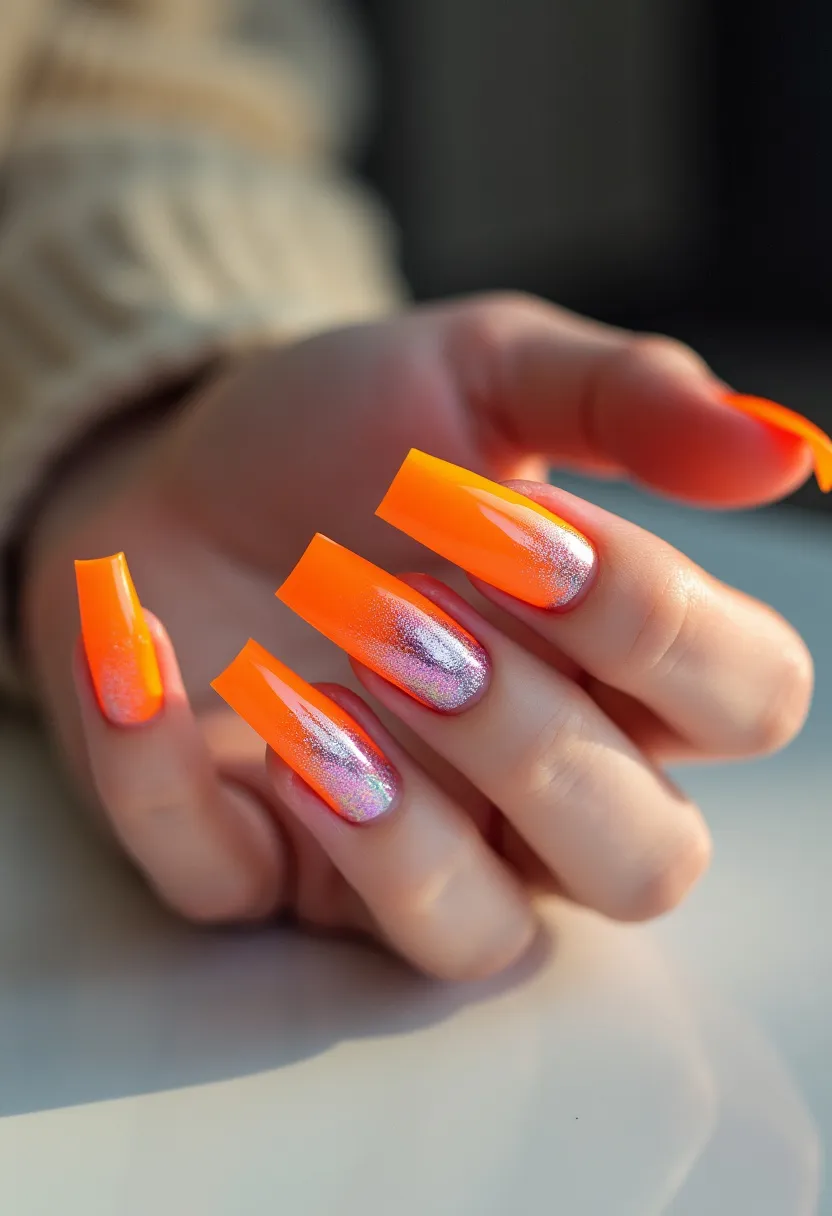 The nail design features a vibrant color palette with a predominant bright orange hue combined with metallic, iridescent accents. The nails are long with a square or coffin shape, enhancing their striking appearance. The design includes a gradient effect where the base of the nails shimmers with a metallic silver or holographic polish that seamlessly transitions into the bold orange at the tips. This combination gives a dynamic and eye-catching look, suggesting a modern and trendy gel treatment that provides a glossy and long-lasting finish. The nails exude a vibrant and playful vibe, suitable for summer or festive occasions, with the metallic accents adding a touch of sophistication and uniqueness.