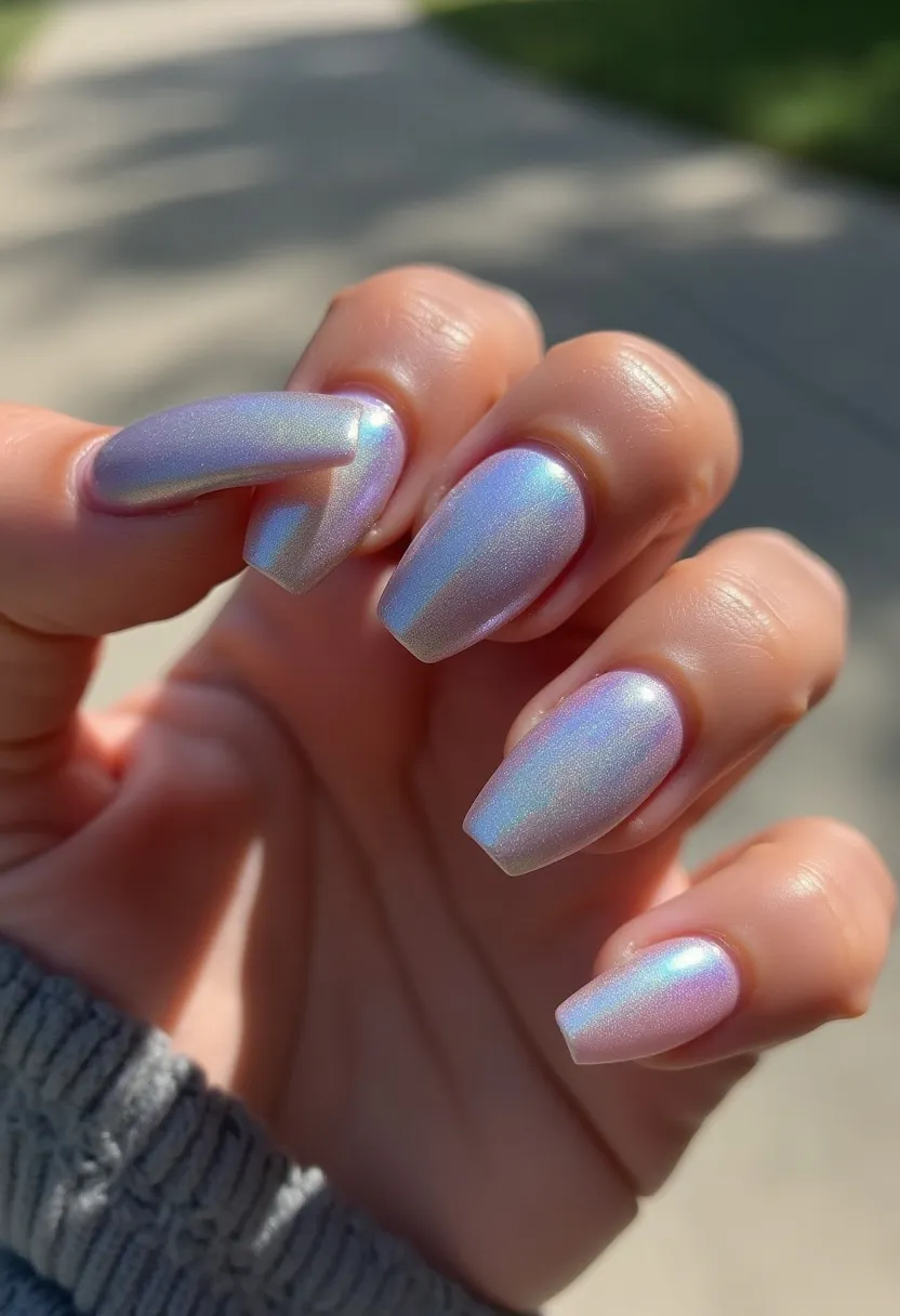 The nail design features a stunning iridescent color palette with a predominant silvery base that shifts to hues of purple, blue, and pink, creating a holographic effect. The nails are shaped in a medium-length coffin or ballerina style, offering an elegant and modern look. The finish suggests a gel nail treatment due to the high gloss and smooth, durable appearance. This design is intricate in its simplicity, relying on the color shift for visual interest rather than additional patterns or decorations. The bright and vibrant colors, combined with the shimmering effect, make this nail design ideal for festive occasions or seasons like spring and summer.