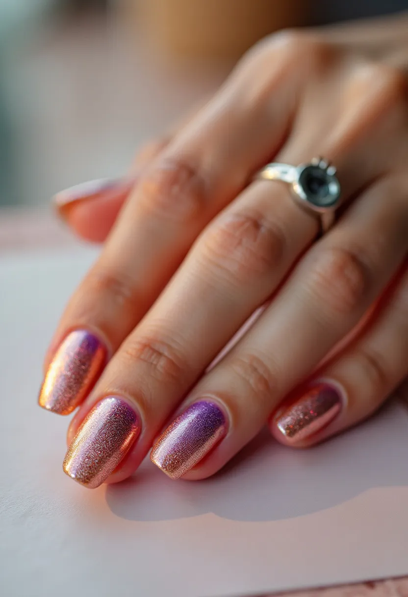 The nail design showcases a sophisticated and vibrant color palette with shimmering shades of pink, purple, and gold. The nails are shaped in a medium-length, squared-off form, providing a stylish balance between classic and contemporary. The treatment appears to be a gel manicure, known for its durability and glossy finish. Each nail exhibits a gradient effect with metallic sheen, creating a captivating ombre pattern that blends seamlessly from one color to the next. This design exudes a festive and glamorous vibe, making it suitable for special occasions or seasonal celebrations, particularly around the holidays or festive events. The reflective quality of the polish adds an extra layer of elegance and sparkle, completing the luxurious look.