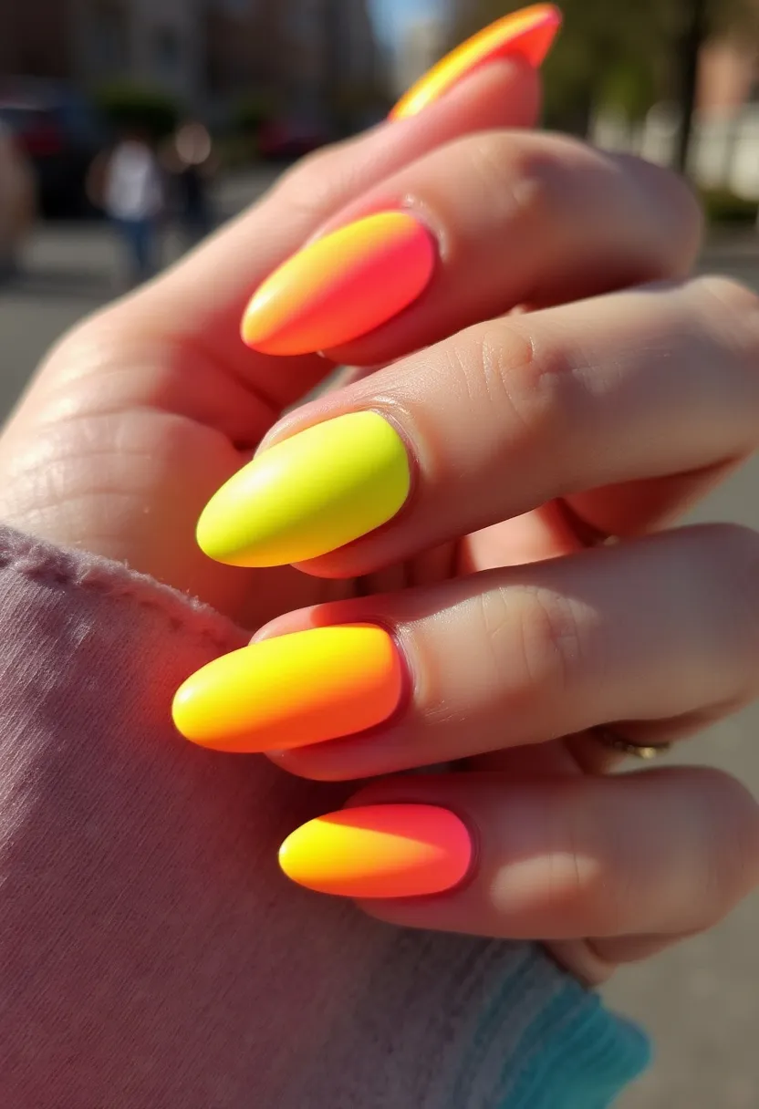 The nail design features an eye-catching palette of neon colors, including shades of bright yellow, fluorescent orange, and vibrant pink. The nails are shaped in an almond style, giving them an elongated and elegant appearance tailored for a stylish, modern look. The treatment appears to be a gel manicure, characterized by its glossy finish and durable surface. The use of vivid colors suggests a lively, summery theme or an occasion that calls for bold fashion statements, such as a festival or beach party. This design exemplifies a fun and playful aesthetic, with the intense color scheme providing a standout factor perfect for sunny, festive environments.