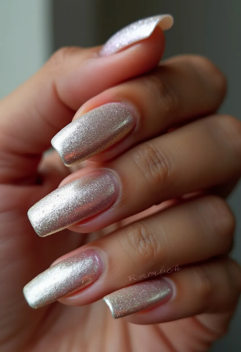 The nail design features a shimmering metallic pale pink color palette that covers the entire nail surface, creating a sophisticated and elegant look. The nails are shaped in a long, square-tip style, which adds to the overall chic and modern aesthetic. The treatment appears to be a glossy finish, suggestive of gel polish due to its smooth and lustrous appearance. The design doesn't include any intricate patterns or additional decorations, maintaining a minimalistic yet striking appeal. This design is versatile, suitable for a variety of occasions from formal events to everyday elegance, and its subtle sparkle makes it particularly fitting for festive or celebratory seasons.