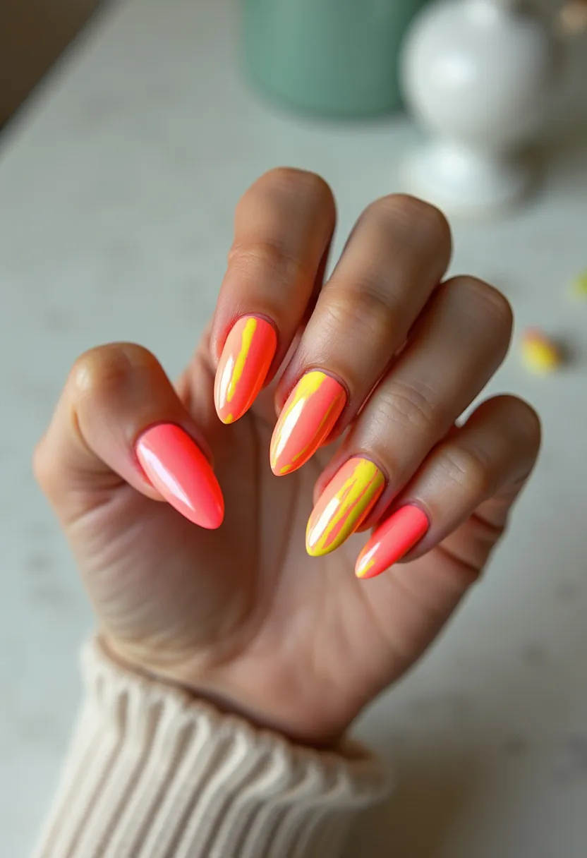 The nails feature a bright and vibrant design with a pointed almond shape. The primary color palette includes vivid shades of neon pink and yellow, creating a striking and energetic appearance. Several nails incorporate intricate patterns of yellow streaks over the neon pink base, adding an eye-catching contrast and artistic flair. The high-gloss finish suggests the use of gel polish, given its characteristic shine and durability. This bold and energetic nail design could be especially suitable for the summer season or festive occasions, exuding a playful and cheerful vibe.