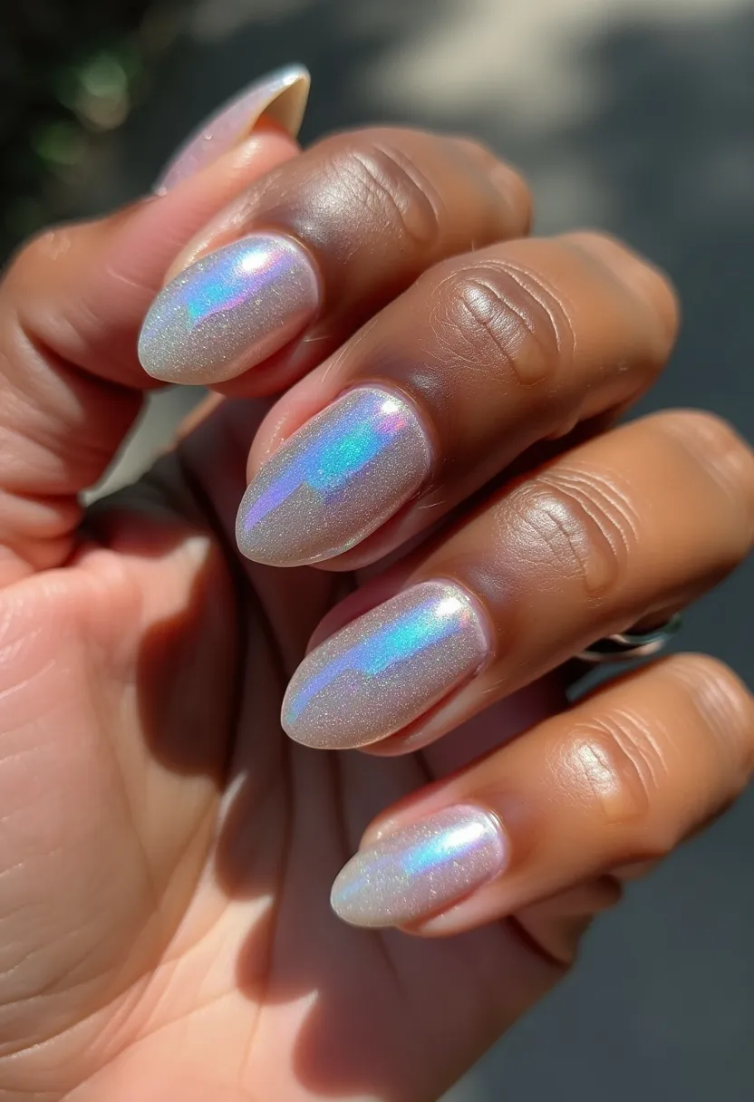 This nail design showcases a stunning iridescent color palette, featuring shades of pearlescent white, shifting with hints of blue and pink, creating a holographic effect. The nails are almond-shaped, offering a sleek and elegant silhouette that complements the shimmering finish. The design includes a smooth and glossy texture, hinting at a gel or acrylic nail treatment, which enhances durability and shine. The iridescent pattern gives the nails a futuristic, ethereal appearance, making them suitable for special occasions or as a standout accessory for an everyday look. The unique holographic finish suggests a chic, modern aesthetic that can be associated with a spring or summer theme.