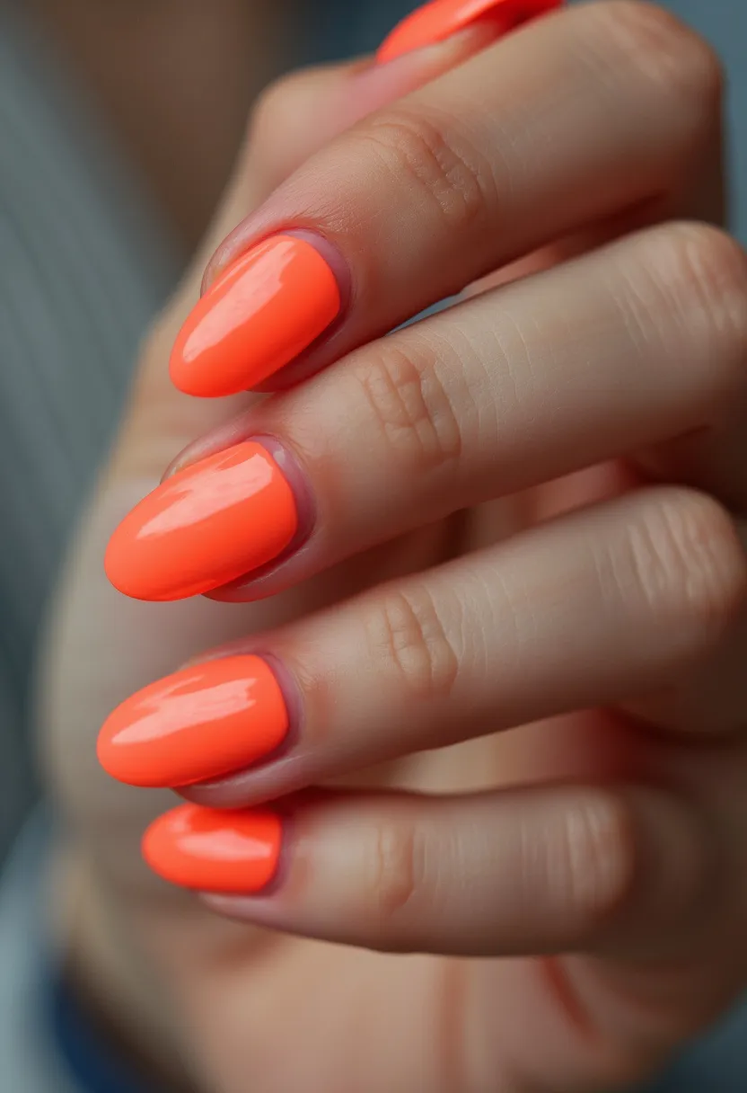 The nail design features an eye-catching neon orange color palette, creating a bright and vibrant look. The nails are medium length and shaped in a soft almond form, adding an elegant and chic appeal. The finish is glossy and smooth, indicating a gel treatment which enhances the durability and shine of the nails. This design is perfect for summer or festive occasions, offering a bold statement with its luminous and vivid color that stands out beautifully.