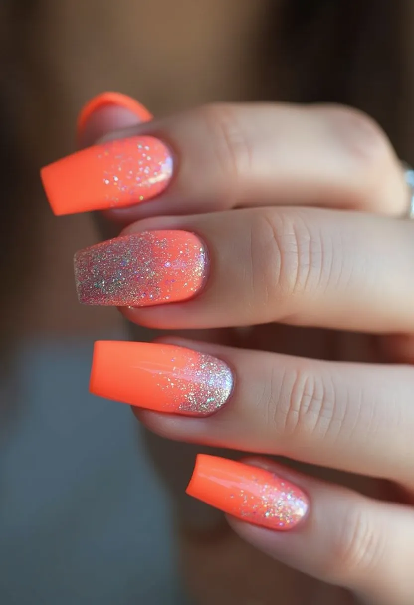 The nail design features a vibrant neon orange color palette that is both striking and eye-catching, suited for a bold and energetic aesthetic. The nails are shaped in a modern coffin or ballerina style, providing a sleek and elongated appearance. Intricate decorations include shimmering silver glitter that is applied as an ombre effect, especially towards the tips, adding a touch of glamour and festivity. This design likely uses gel or acrylic treatments, as indicated by the high gloss and durability of the finish. The glitter detail makes this design particularly fitting for festive or celebratory occasions like summer parties or holidays. The choice of bright colors and glitter highlights the nails as a standout accessory, perfect for making a statement.