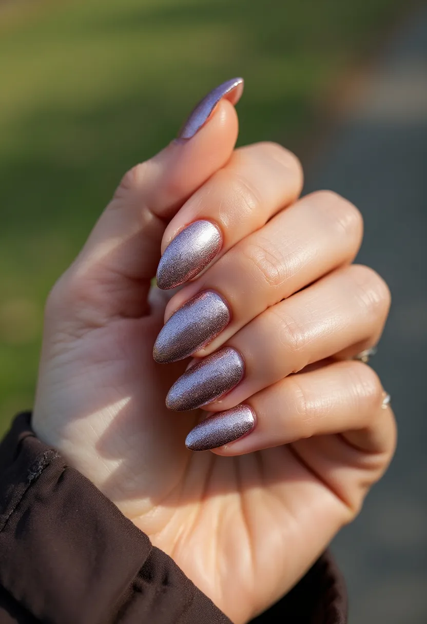 The nail design features a metallic lavender or lilac color, showcasing a shimmering and eye-catching finish which suggests a likely gel treatment to achieve the glossy and smooth texture. The nails are almond-shaped, characterized by their elongated form with a subtle taper towards the tips, giving a sophisticated and feminine look. The minimalist single-color palette allows the metallic sheen to stand out as the focal point of the design. This style can be versatile, suitable for various occasions, from casual outings to more formal events, and possesses a hint of glamor that makes it apt for the festive or holiday season. The absence of additional patterns or decorations keeps the design elegant and understated.