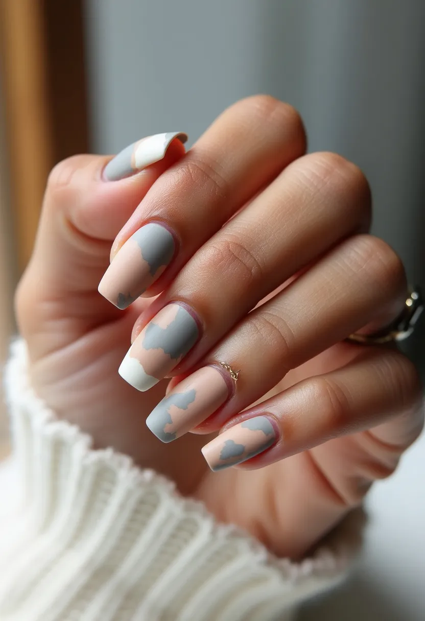 The nail design showcases a sophisticated color palette consisting of soft, neutral tones including muted gray, beige, and white. The nails are shaped in a stylish square form, lending a modern and polished look. Each nail features a unique, intricate pattern of overlapping colors, creating a cloudy, abstract effect. This design suggests the use of gel treatment, given the smooth and glossy finish of the nails. The overall aesthetic of the nail art feels versatile, suitable for everyday wear while also being refined enough for special occasions or seasonal transitions into autumn and winter. The neutral tones and abstract design make it an understated yet elegant choice.