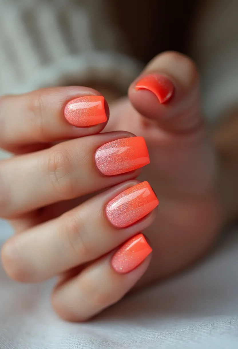 The nail design features a vibrant and eye-catching palette of bright orange hues, accented with a subtle gradient effect that transitions into a lighter, shimmery pinkish-orange near the tips. The nails are styled in a squoval shape, combining the elegance of a square shape with the smooth, rounded edges of an oval. This design is enhanced with a glossy finish, indicative of a gel nail treatment, giving the nails a sleek and polished look. The use of glittery accents adds a touch of glamour, making the design suitable for festive summer occasions where bright and bold colors are in vogue. The overall aesthetic is refreshing and playful, embodying a sense of fun and vibrancy perfect for the sunny season.