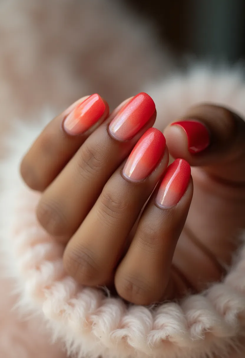 The nails exhibit an elegant oval shape and boast a captivating ombré design with a warm color palette that transitions from a soft peach at the cuticle to a vibrant coral red at the tips. The glossy finish indicates a gel nail treatment, giving the nails a sophisticated and smooth appearance. This design’s gradient effect is eye-catching and perfect for a summer theme or a special occasion like a beach wedding or tropical vacation, exuding both vibrancy and grace. The overall look is polished and immaculate, highlighting the meticulous attention to detail and high-quality nail artistry.