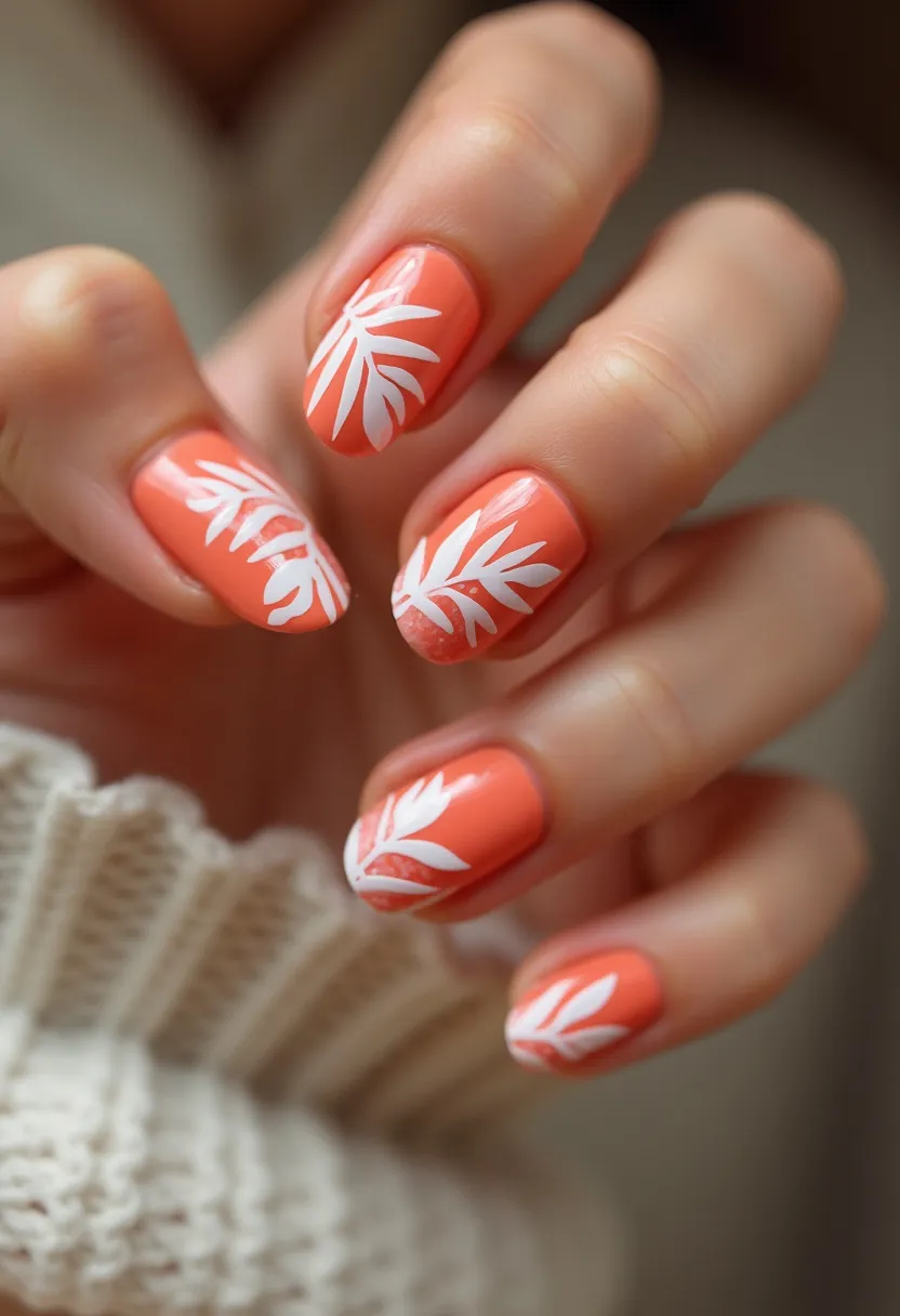 The nail design features a vibrant coral color palette that is both eye-catching and cheerful. The nails are medium length and have a rounded square shape, contributing to a neat and polished look. The decoration consists of intricate white leaf patterns on each nail, enhancing the design with an artistic touch. The precise and glossy finish of the nails suggests a gel treatment, known for its durability and shine. This design, with its bright colors and botanical elements, is perfect for a summer theme or a tropical-inspired occasion, evoking a sense of freshness and vibrancy.