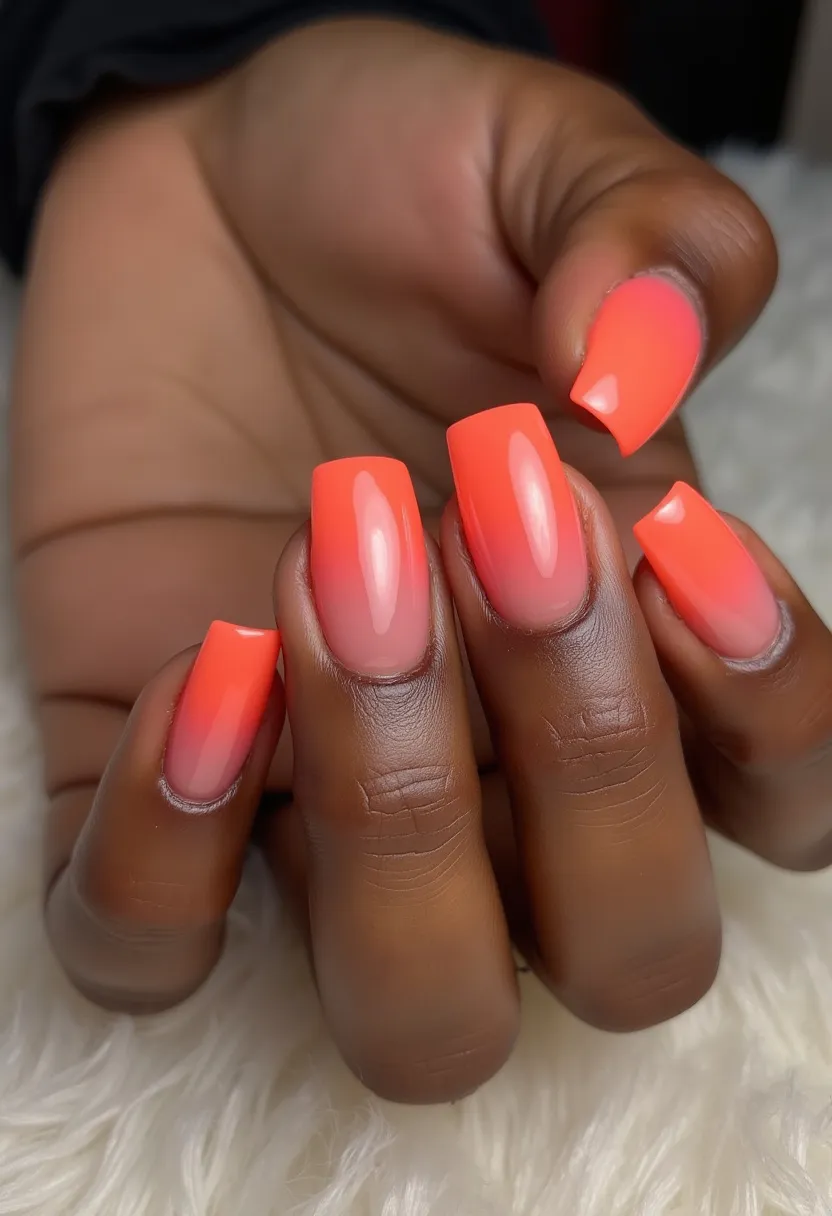 The nail design features a vibrant and eye-catching color palette transitioning smoothly from a deep coral orange to a lighter peachy-pink near the cuticles, creating a beautiful ombre effect. The nails are shaped in a medium length coffin or ballerina style, which provides a modern and elegant look. The finish on the nails appears glossy and smooth, suggesting either gel or acrylic nail treatment, often known for their durability and high-shine properties. This design is perfect for summer or spring seasons due to its bright and lively hues, making it ideal for a tropical vacation or a special occasion that calls for bold, stylish nails.