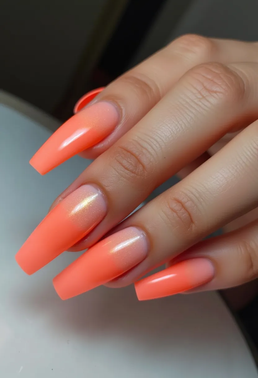 The nail design showcases a striking color palette dominated by a vibrant, glowing shade of orange with a subtle iridescence that adds depth and dimension. The nails are long with a coffin shape, providing a bold and modern aesthetic. The finish appears exceptionally glossy, suggesting the use of a gel treatment that enhances the shine and durability of the manicure. The subtle gradient from a slightly translucent point near the cuticle to full opacity at the tips gives a refined ombré effect. This nail design, with its bright and luminous color, evokes a summery vibe, making it perfect for warm weather or festive occasions.