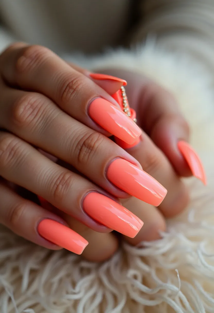 The nail design showcases a vibrant, glossy coral color that stands out prominently, suggesting a summer or tropical theme. The nails are sculpted in a coffin shape, characterized by their long length and squared-off tips, adding a sleek and fashionable appeal. There are no intricate patterns or decorative elements observed on the nails, indicating a preference for a clean, elegant look. The high gloss finish is indicative of a gel treatment, emphasizing durability and shine. This design might be suited for a variety of special occasions, from casual outings to festive gatherings, due to its cheerful and eye-catching appearance.