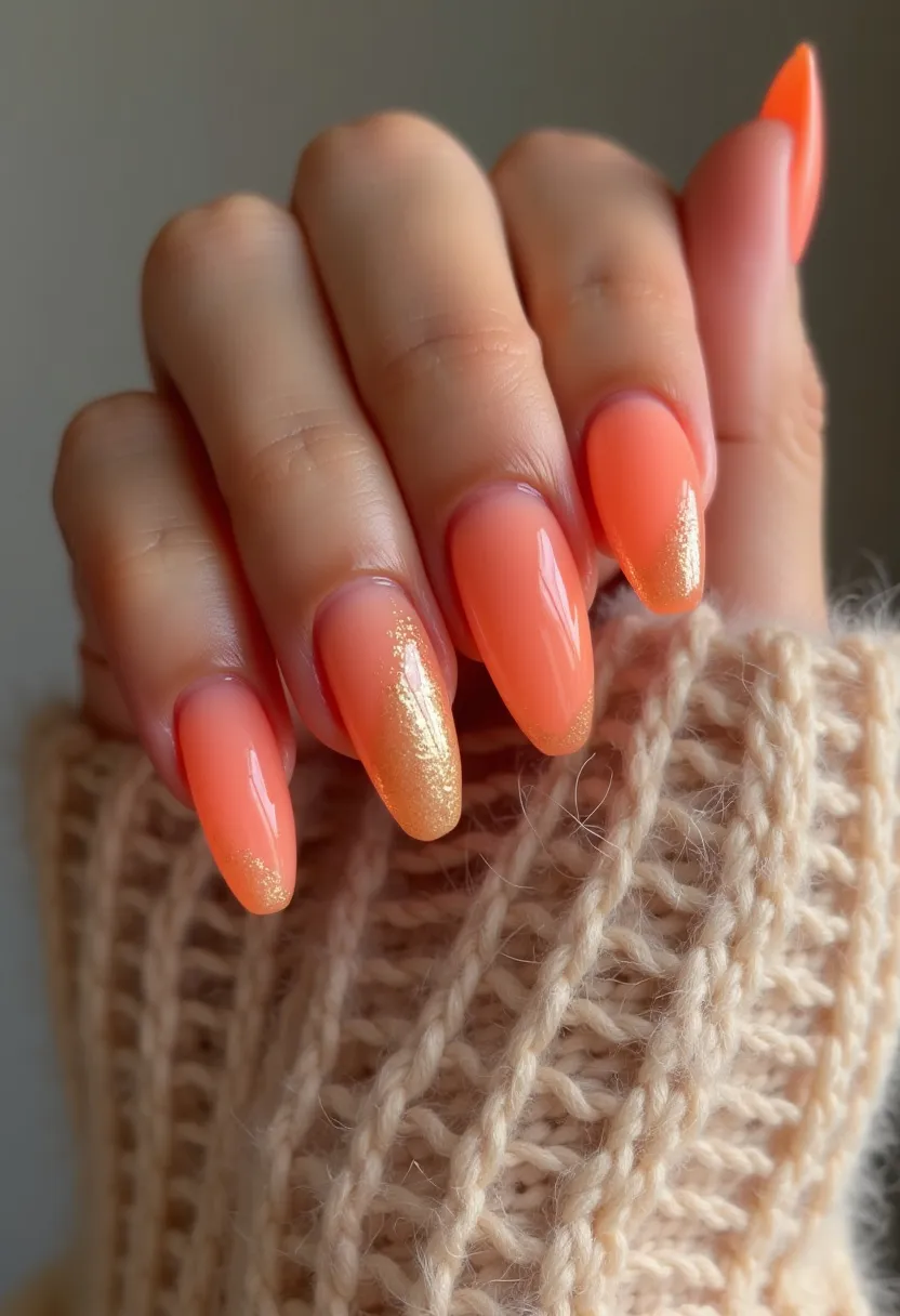 The nail design features a vibrant orange color palette with a gradient effect transitioning from a lighter hue near the cuticles to a more intense shade towards the tips. The almond-shaped nails enhance the elegance of the design. This look is further accentuated with shimmering gold accents on the tips of some nails, adding an intricate and eye-catching detail. The likely treatment used for these nails is gel, given the glossy, high-shine finish and smooth texture. This design is perfect for the summer season, bringing a fresh and cheerful vibe, but can also be suitable for special occasions demanding a touch of glamour.