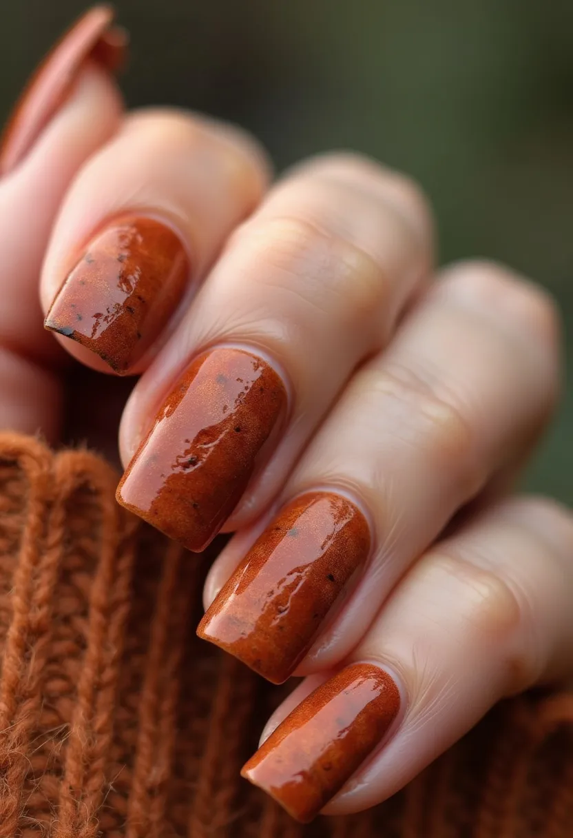 The nail design features a warm, earthy color palette dominated by shades of burnt orange and brown. The nails are shaped in a long, squared style, providing a modern yet classic appearance. The design displays a gel treatment, evident from the glossy and smooth finish. Intricate swirling patterns and subtle speckles give the nails a unique texture that mimics the appearance of polished stone or marble. This design is particularly suitable for the autumn season, with its rich, warm hues and naturalistic patterns that echo the colors of fall leaves.