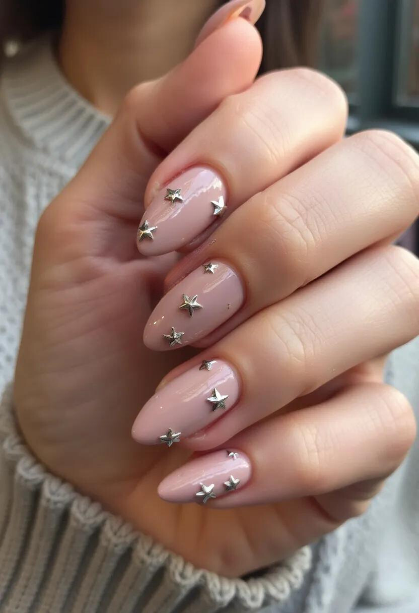 The nail design features a delicate and elegant aesthetic with a base color palette of light pink, providing a soft and feminine touch. The nails are almond-shaped, enhancing the sophisticated appearance. The design includes intricate silver star embellishments scattered across each nail, adding a touch of sparkle and a whimsical element. The type of nail treatment appears to be gel, as suggested by the glossy finish that ensures durability. These nails seem ideal for a festive or celebratory event, possibly hinting at a winter or celestial theme due to the star decorations. The overall look is both chic and playful, suitable for various occasions.