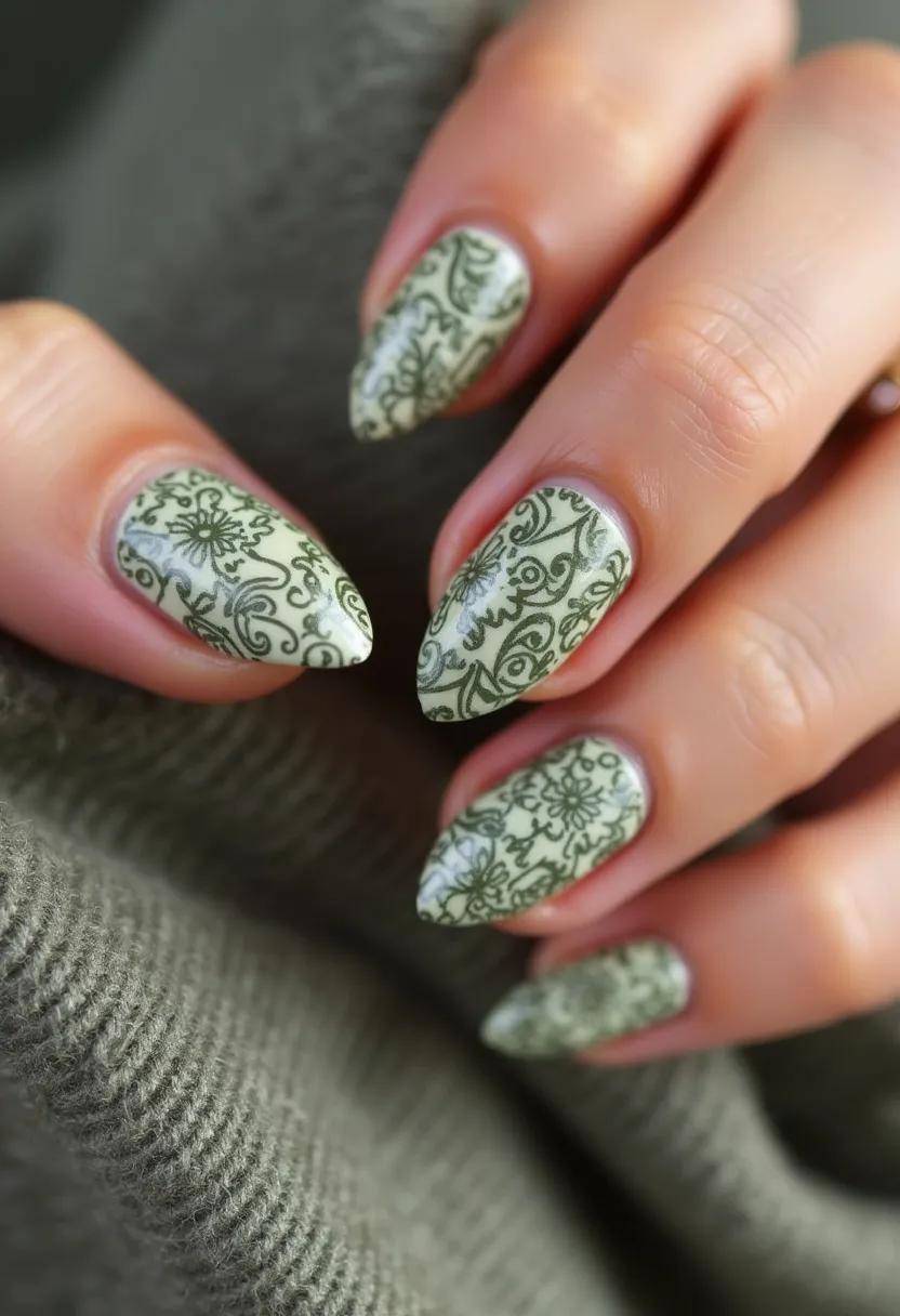 The nail design features a striking combination of soft green and dark green hues creating an earthy and natural palette. The nails are almond-shaped, offering a sophisticated and elongated look. Each nail is adorned with intricate, delicate floral and paisley patterns in a darker green shade, resembling vintage wallpaper or lace, showcasing artistic intricacy and attention to detail. The glossy finish suggests that a gel treatment has been used, giving the nails a durable, polished appearance. The design’s elegant pattern and muted colors make it suitable for any season, but it particularly complements the autumn or spring season due to its nature-inspired elements. The refined and detailed motifs suggest a special occasion where a touch of classic elegance is desired.