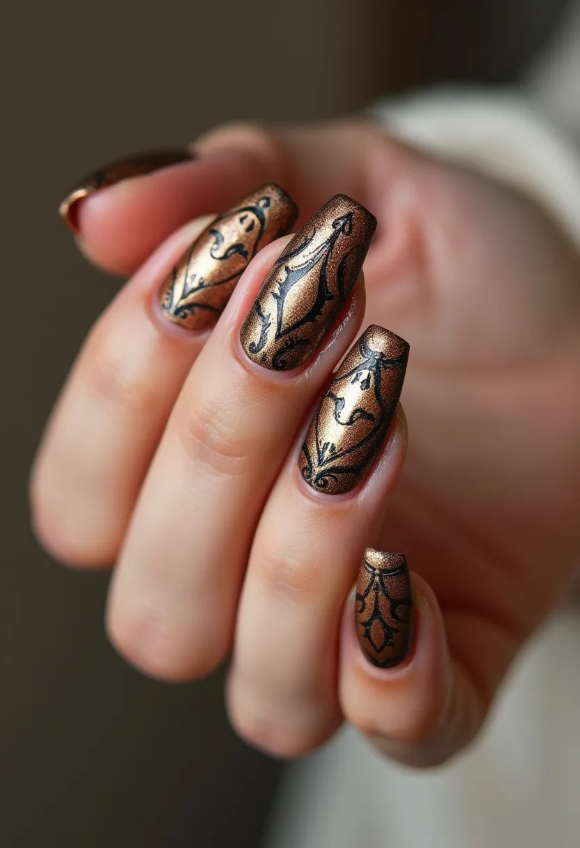 The nail design showcases a sophisticated and elegant look with a color palette that primarily features a metallic bronze base. The nails are shaped into a long, gently tapered form, creating a flattering silhouette. Each nail is adorned with intricate black patterns, reminiscent of ornate filigree or delicate lacework, adding a luxurious and intricate touch. The design suggests the use of gel polish, given the high-shine and smooth appearance. This nail art is ideal for an autumn theme or a special occasion, emphasizing warmth and elegance through its rich hues and detailed artistry.