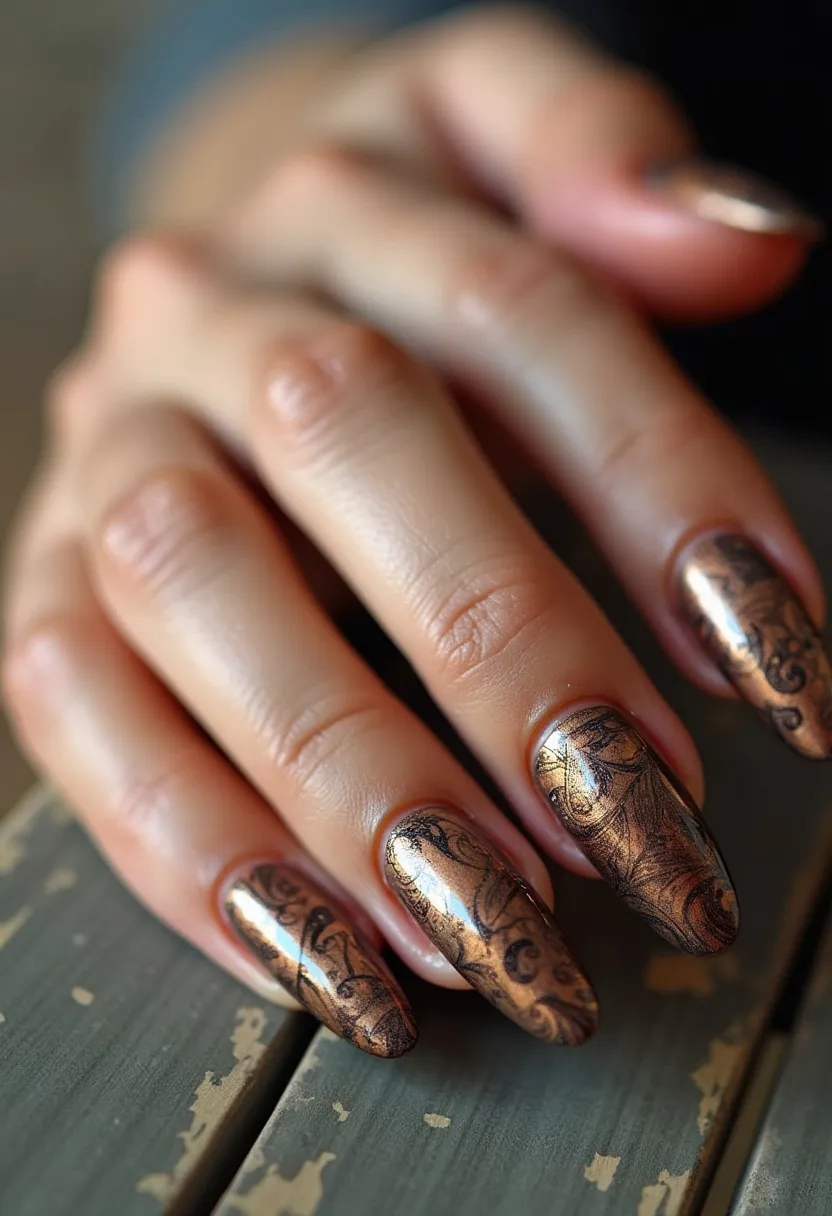 The nail design features a sophisticated color palette dominated by metallic copper tones with intricate black floral patterns, creating a luxurious and elegant look. The nails are long with an almond shape, enhancing the overall graceful appearance. This design appears to use gel polish, which provides a glossy and durable finish. The intricate patterns resemble ornate lacework, adding a touch of vintage charm. The color scheme and decorative elements are suitable for autumn, given the warm and rich hues, and could also complement a special occasion such as a wedding or formal event. The combination of metallic sheen and detailed black artistry gives the nails a distinctive, eye-catching allure.