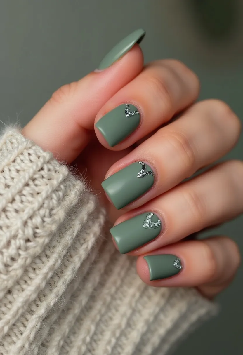 This nail design boasts a sophisticated, muted green color palette, ideal for a versatile and elegant look. The nails are medium-length with a classic, slightly squared shape, providing a clean and contemporary finish. Each nail features intricate, delicate silver glitter decoration positioned near the cuticle, forming various small geometric patterns that add a touch of sparkle and interest without overwhelming the design. The nail treatment appears to be a gel manicure, giving it a smooth, shiny, and long-lasting finish. This nail design is perfect for the fall season, complementing cozy and stylish outfits beautifully, making it suitable for both casual and formal occasions.