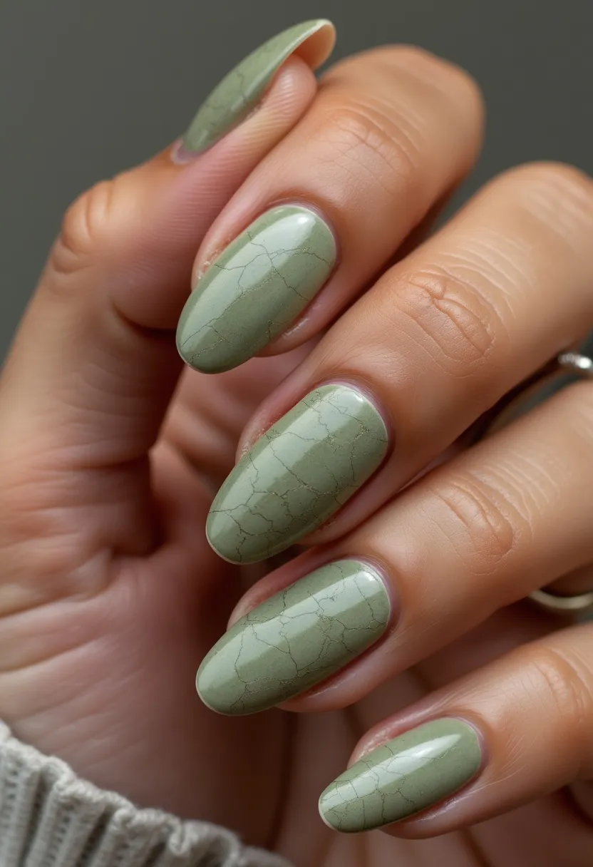 The nail design features an elegant and earthy color palette, prominently using a muted sage green base. The nails are almond-shaped, with a smooth and glossy finish, suggesting a gel or shellac treatment. A delicate marble pattern in a slightly darker green tone runs through each nail, adding a sophisticated touch. The marble effect gives the design a natural, stone-like appearance, perfect for a serene and refined look. The choice of color and pattern makes this nail design well-suited for the spring season, reflecting renewal and tranquility.