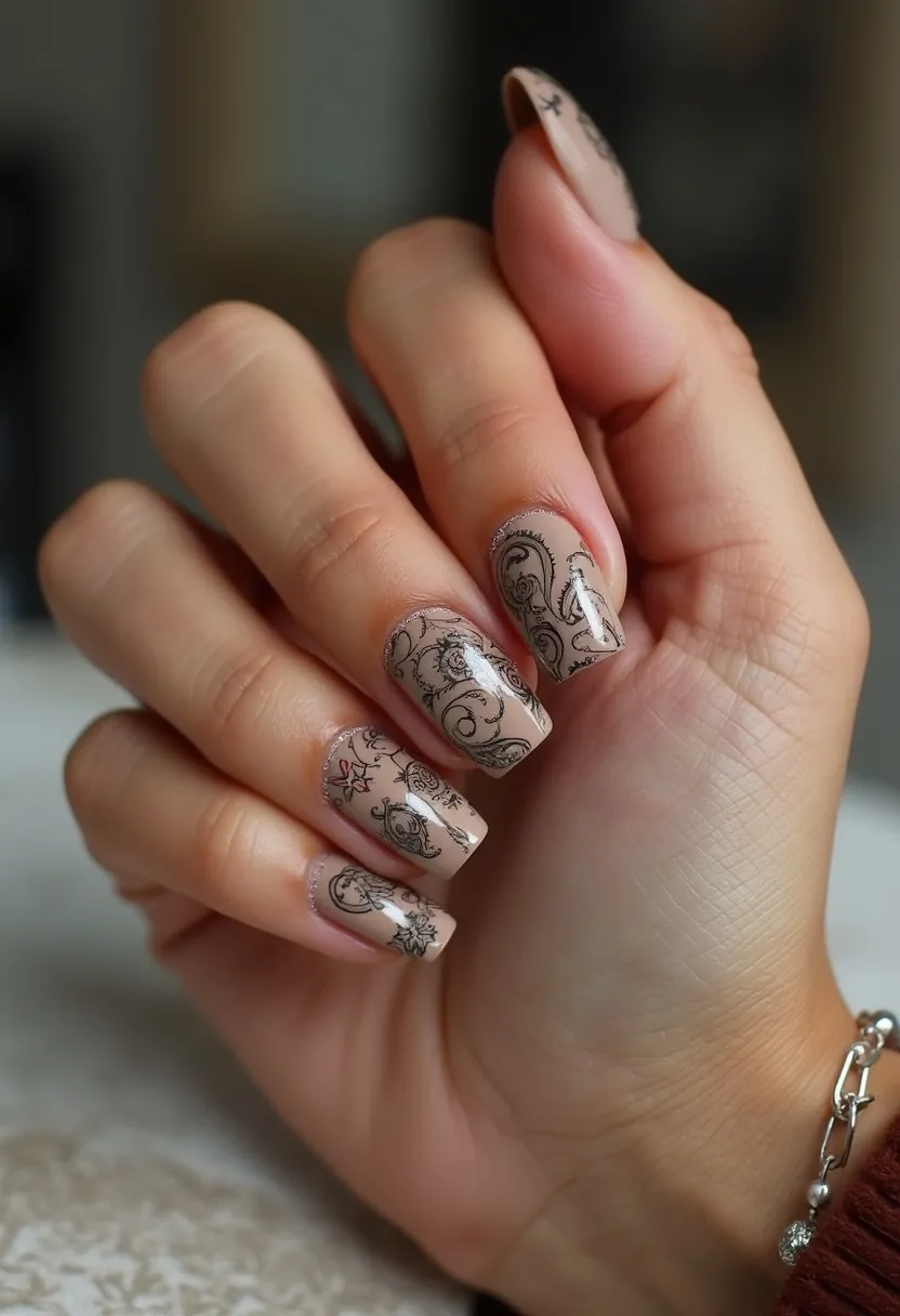 This nail design features a neutral beige color palette with an overlay of intricate black floral and paisley patterns, indicative of a sophisticated and elegant style. The nails are squoval-shaped, combining the flat-edged tip of a square nail with the smooth, rounded edges of an oval nail, which contributes to a classic and versatile look. The intricate black designs on the nails are likely applied with precise stamping or detailed hand painting. The high gloss and smooth finish of the nails suggest a gel treatment, ensuring a shiny and durable look. The design exudes an autumnal feel with its earthy tones and ornate patterns, making it suitable for seasonal transitions and special occasions that call for understated elegance.