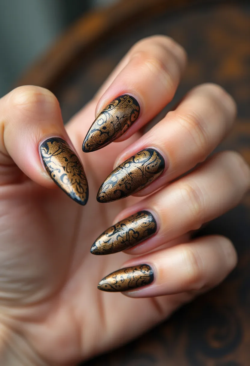 The nail design features a sophisticated and elegant palette of black and metallic gold, creating a rich, luxurious look. The nails are shaped in an almond or stiletto form, giving them a long and pointed appearance. Intricate patterns decorate the nails, with delicate swirls and floral motifs in black overlaying the shimmering gold base. This design likely utilizes a gel or shellac treatment to achieve a glossy, durable finish that enhances the intricate detailing. The design exudes a sense of opulence and might be suitable for special occasions or evening events, with its lavish patterns and striking color combination suggesting a festive or celebratory theme, potentially ideal for the holiday season or a formal gathering.