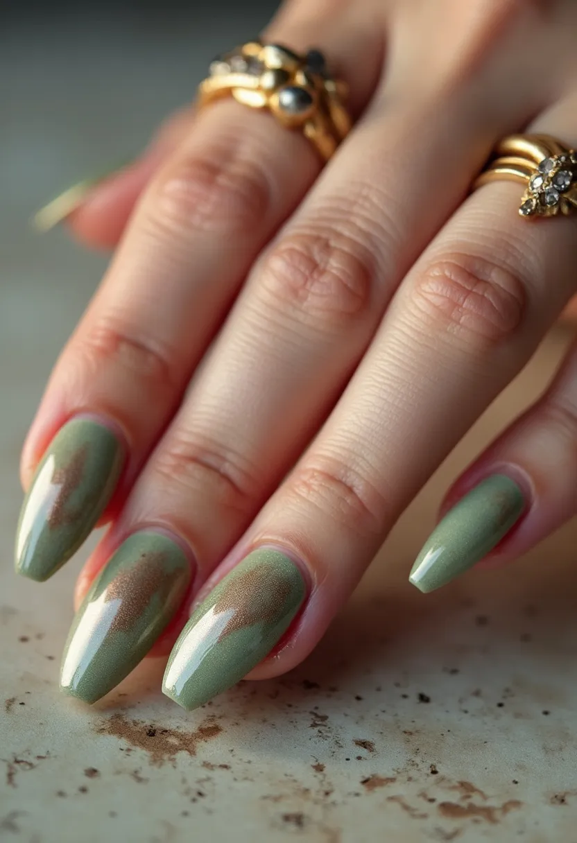 The nails feature a stylish almond shape with a glossy finish suggesting a gel or shellac treatment, ensuring a durable and shiny look. The color palette is predominantly a muted green with subtle variations, showcasing a marbled effect that includes soft brownish-gold accents. The design is elegant and understated, suitable for various settings, whether casual or formal. There are no additional embellishments or intricate patterns, keeping the nails sophisticatedly simple. This design could be ideal for autumn due to its earthy tones, suggesting a connection to the fall season.