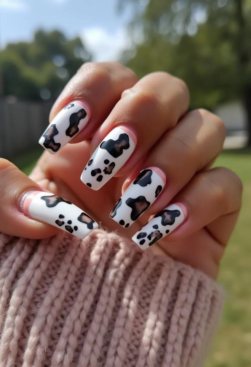 This nail design features a cow-print pattern, combining a classic black and white color palette. The nails are shaped into a long, square form, enhancing the boldness of the design. The intricate pattern of black spots on a white base mimics the appearance of cowhide, making the design playful and striking. Given the high gloss and durability, this likely indicates a gel or acrylic nail treatment. The unique cow-print detail sets a fun and casual tone, making it versatile enough for everyday wear or a themed occasion.