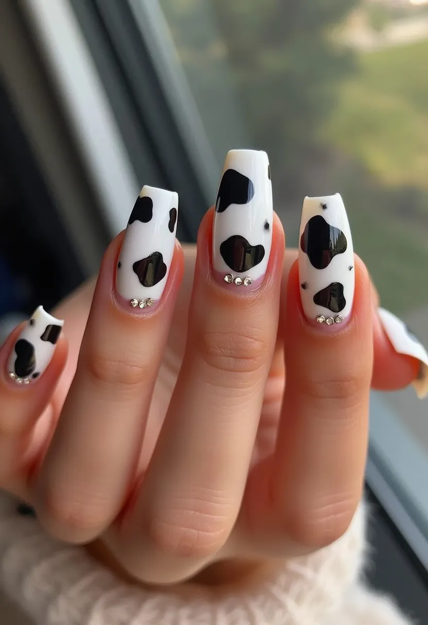 The nail design features a striking cow print pattern that incorporates a bold black and white color palette. The nails are shaped in a long, tapered square style, creating a sleek and modern look. Each nail is adorned with small black blotches on a white base, mimicking the natural pattern of a cow's hide. Adding a touch of glamour, a row of tiny, silver rhinestones is placed near the cuticles on each nail, enhancing the overall design. This design likely uses acrylic or gel treatments to achieve the flawless, glossy finish. The playful yet polished aesthetic of the nails makes them suitable for casual occasions or themed events, embodying a chic, rustic charm.