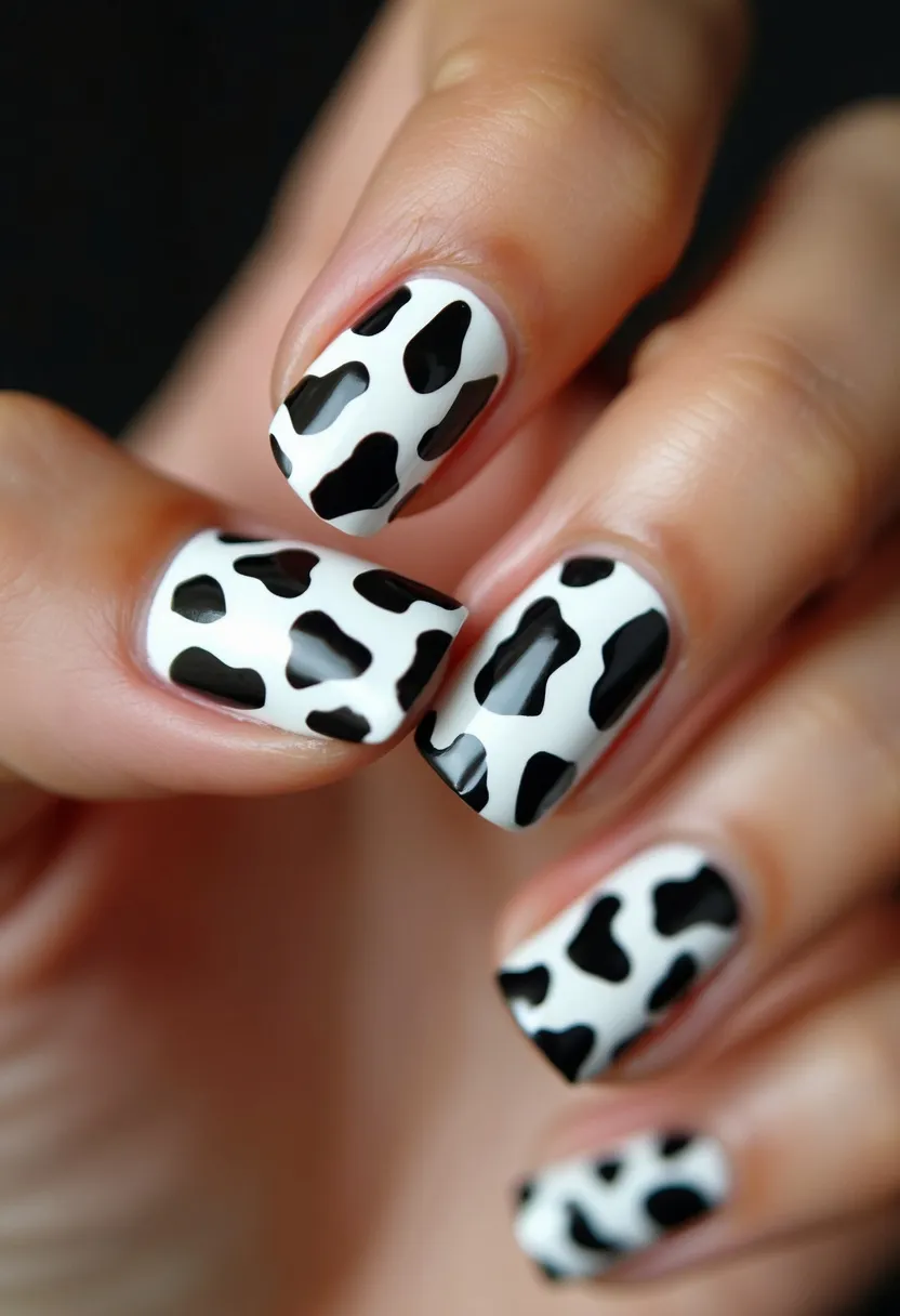 The nail design features a striking cow print pattern, utilizing a classic white and black color palette. The nails are shaped in a rounded square, providing a neat and modern look. The pattern consists of irregular black spots over a white base, mimicking the natural look of a cowhide. This design is likely done using either gel or acrylic for a glossy and durable finish. The cow print adds a fun and playful element, suitable for casual and trendy occasions. The nails present a balanced and professionally polished appearance, making the design versatile for both daily wear and special events.