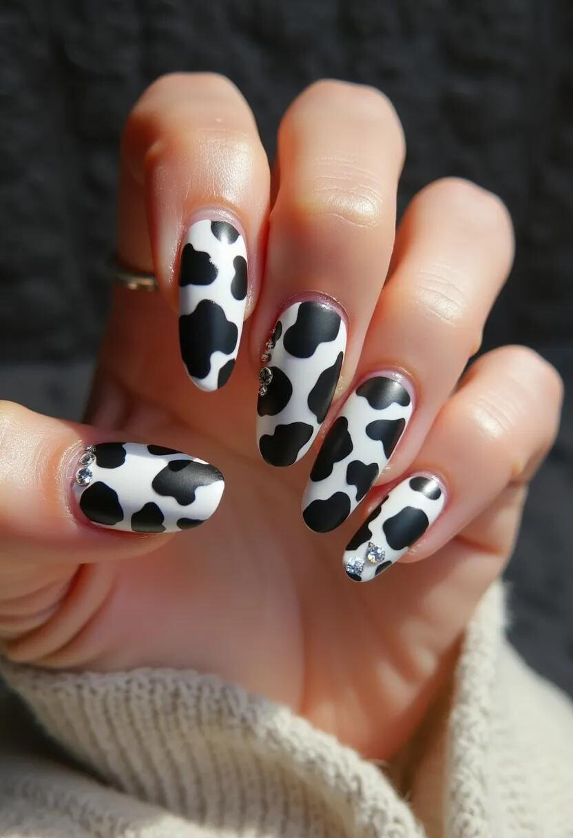 The nail design features a bold black and white cow print pattern, creating a striking and trendy look. The nails are almond-shaped, adding a classic elegance to the vibrant design. The polish appears to be a glossy gel, ensuring long-lasting shine and durability. Several nails are embellished with small, delicate rhinestones strategically placed near the cuticles, providing a touch of sparkle and glamor. The playful and chic design can be versatile for various occasions but seems particularly well-suited for casual, quirky fashion statements.