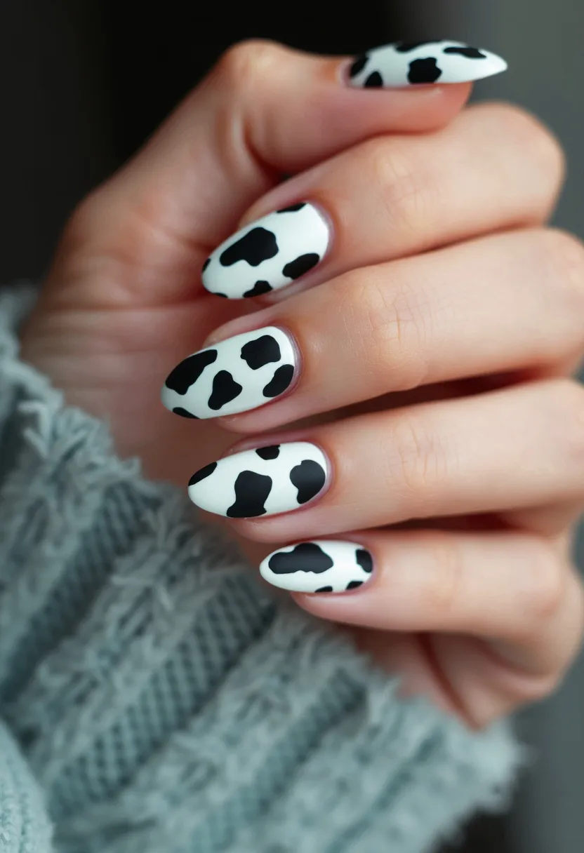 The nail design features a playful cow print pattern, utilizing a color palette of white and black. The nails are almond-shaped, which complements the intricate and irregular black spots over a crisp white base. The manicure appears to be achieved using a gel or acrylic method, providing a smooth and polished finish that enhances the cow print design. This bold and eye-catching style has no overt seasonal themes but could be popular for casual or themed occasions, adding a fun and quirky touch to the overall look.