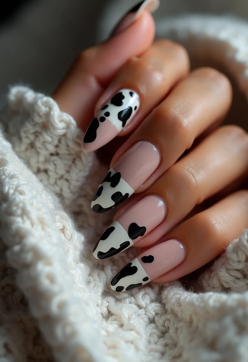 The nail design features a distinct cow print pattern with variations of white and black spots on a slightly translucent nude base, creating a striking and modern look. The nails are shaped in a long almond shape, adding to the elegance and sophistication of the design. The intricate cow print details are carefully applied on the tips, creating a stylish French manicure twist. The glossy finish and the precision of the design suggest a gel or acrylic treatment, ensuring durability and a long-lasting shine. Although the design can be worn year-round, its playful and bold pattern makes it particularly suitable for fun and casual occasions or events.