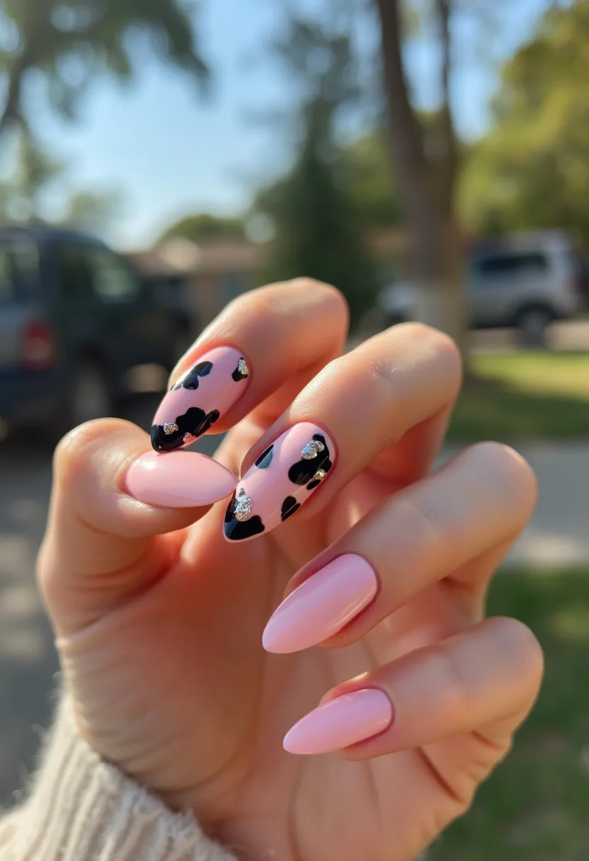 The nail design features an almond-shaped form, with a stylish and sophisticated color palette. The base color is a soft, pastel pink, which serves as the canvas for the intricate patterns on two of the nails. These nails showcase a whimsical cow print pattern in black, highlighted with small, sparkling silver accents that add a touch of glamour. The remainder of the nails are left with the solid pastel pink, creating a balanced and chic look. The finish appears to be a gel treatment, giving a smooth and glossy appearance. The design is both playful and elegant, making it suitable for a variety of occasions, from casual outings to special celebrations.