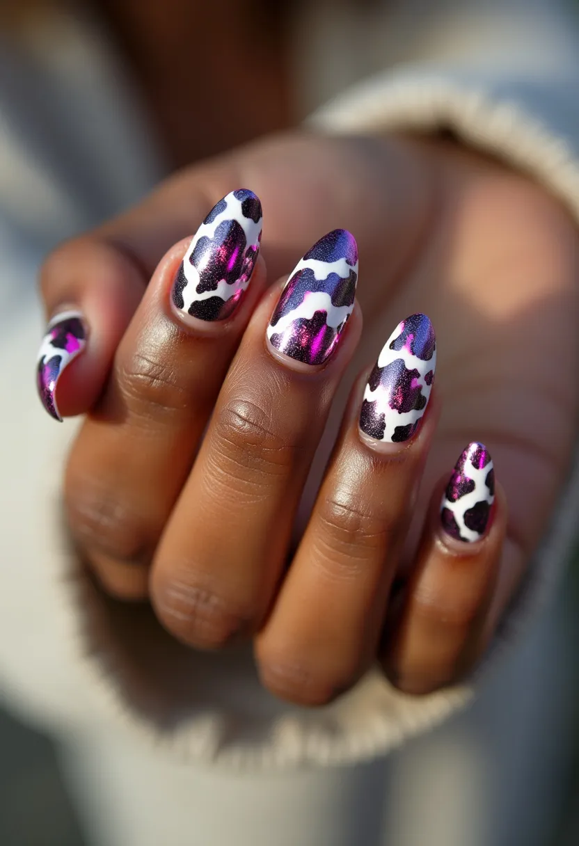 The nail design features an almond shape with a vibrant and bold color palette that includes metallic purple, black, and white. The nails are adorned with an intricate animal print pattern, resembling a modern take on a cow or leopard print with metallic accents. The design is likely achieved using gel nail polish, as the colors appear rich, smooth, and glossy with a long-lasting finish. The unique detail of the metallic purple against the contrasting black and white creates a striking, eye-catching look that could be suitable for a festive or special occasion, or simply for someone who enjoys bold, trendy nail art.