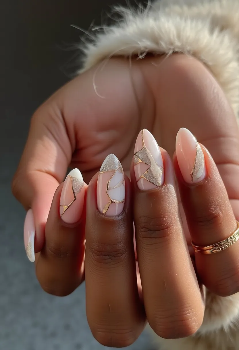 The nail design features an almond shape with a delicate and artistic color palette composed of soft pinks, whites, and metallic gold accents. The nails exhibit a mosaic-like pattern, created with a shattered glass effect, where each segment is outlined in gold, giving a luxurious and intricate appearance. The combination of colors and the intricate design suggests a professional nail treatment, likely gel or acrylic, which allows for such detailed artwork. These nails are sophisticated and elegant, making them suitable for special occasions or seasons like spring or summer, where softer and pastel colors are often favored.