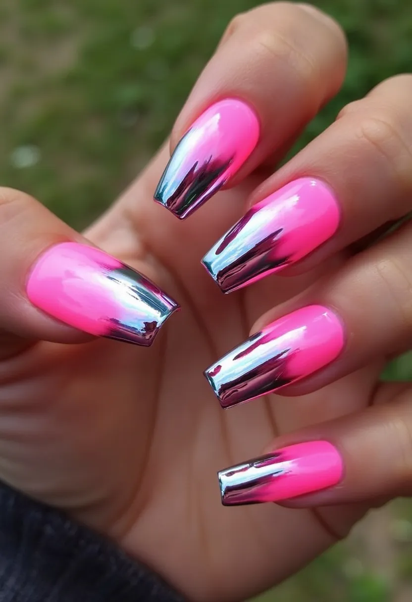 The nail design features a vibrant color palette with a striking combination of neon pink and metallic chrome. The nails are long and shaped into a coffin or ballerina style. An intricate gradient pattern transitions from the solid neon pink base at the cuticle to the reflective chrome tips, creating a bold and modern effect. The high-gloss finish suggests a gel or acrylic treatment, enhancing the vividness of the colors and ensuring durability. This eye-catching design is perfect for making a statement and could be ideal for festive events, parties, or a contemporary fashion-forward look.