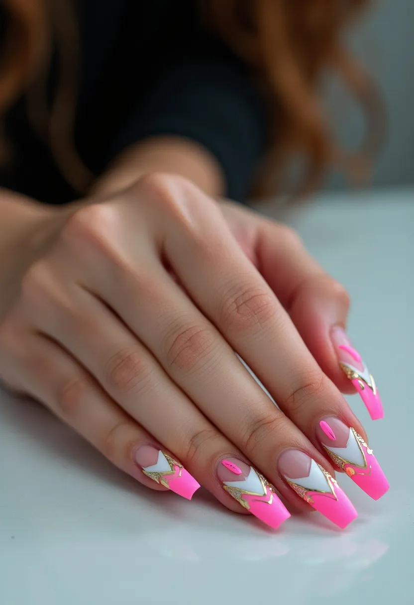 The nail design features a vibrant and sophisticated look with a color palette dominated by bright pink, gold, and white. The nails are long, square-shaped, and display an intricate geometric pattern with a modern edge. The predominant bright pink is used as a base, with white triangular sections towards the tips, accentuated by gold borders and decorative elements. It appears to be a gel nail treatment, offering a glossy, durable finish. The detailed gold accents add a luxurious feel, suitable for special occasions such as weddings or parties, and the bold design could be ideal for the spring or summer seasons.