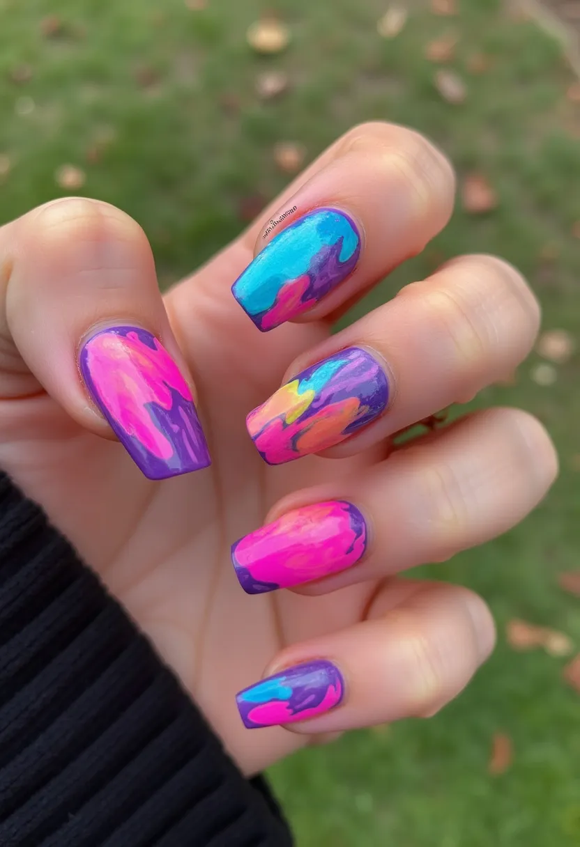 These nails are painted in a vibrant color palette featuring purple, pink, blue, yellow, and orange, creating a visually striking design. The nails have a medium to long length and are shaped in a squared style, providing a modern and polished look. Intricate patterns resemble abstract, fluid art with colors blending seamlessly into each other on each nail, adding a dynamic and artistic flair. The finish appears to be achieved using a gel treatment, offering a high-gloss, durable effect that highlights the colors and patterns beautifully. This design could be fitting for special occasions or seasonal themes like summer festivals or artistic events, showcasing a playful yet sophisticated aesthetic.