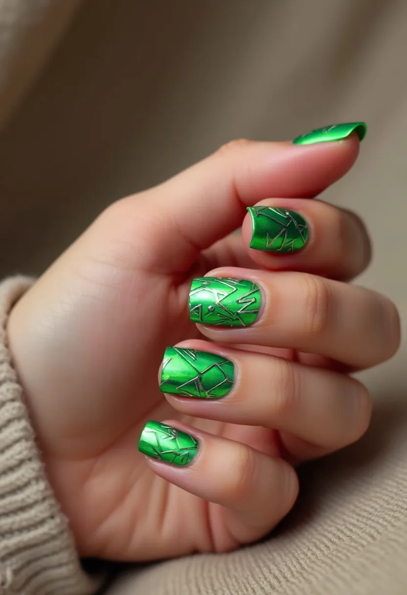 The nail design features a vibrant green color palette, with a metallic sheen that suggests a glossy finish typical of gel nail polish. The nails are shaped in a short, natural square style, allowing for both a practical and stylish appearance. Intricate patterns adorn the nails, consisting of fine silver geometric lines reminiscent of shattered glass or mosaic art. These detailed and artsy patterns enhance the visual appeal, adding a dynamic and modern touch to the design. The selection of green and silver, along with the sleek metallic finish, gives the nails a festive vibe suitable for seasonal celebrations or special occasions, making them perfect for holidays or themed events.